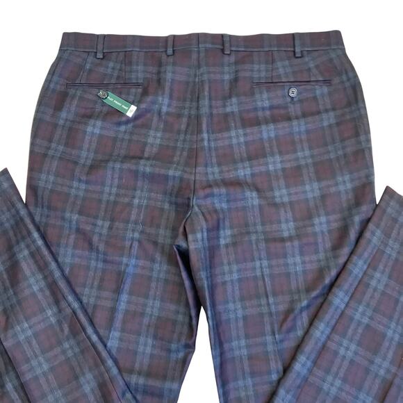 L-Ralph Lauren Mens Wool Blend Burgundy Plaid Flat Front Dress Pants Slim Fit - Picture 16 of 16